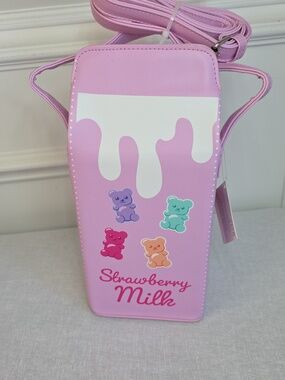 Kids Pink 'Strawberry Milk' Carton Gummy Bears Crossbody Bag